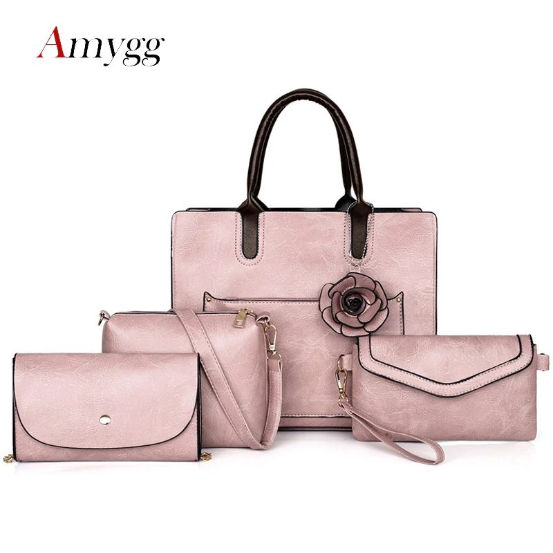 

4Pcs/set Women Leather Fowers Retro Shoulder Bag + Diagonal Span +Handbags + Key Package Designer Retro Crossbody Bags Set