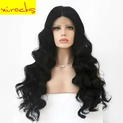 Xi. rocks 24 дюймов длинные волнистые парик фронта шнурка синтетические парики для женщин натуральный черный парик фронта шнурка переплетения
