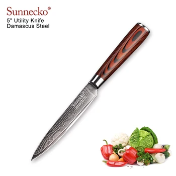 

SUNNECKO Damascus Steel 5" Utility Knife Strong Hardness Razor Sharp Blade Kitchen Knives Multipurpose Cooking Tool Wood Handle
