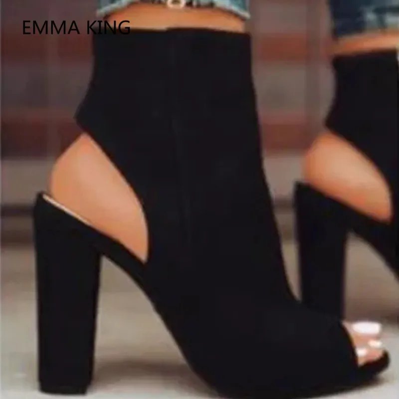 

New Runway Suede Women Gladiator Sandals Peep Toe Side Zipper Slingback High Heels Fashion Chunky Heels Summer Roman Shoes Woman