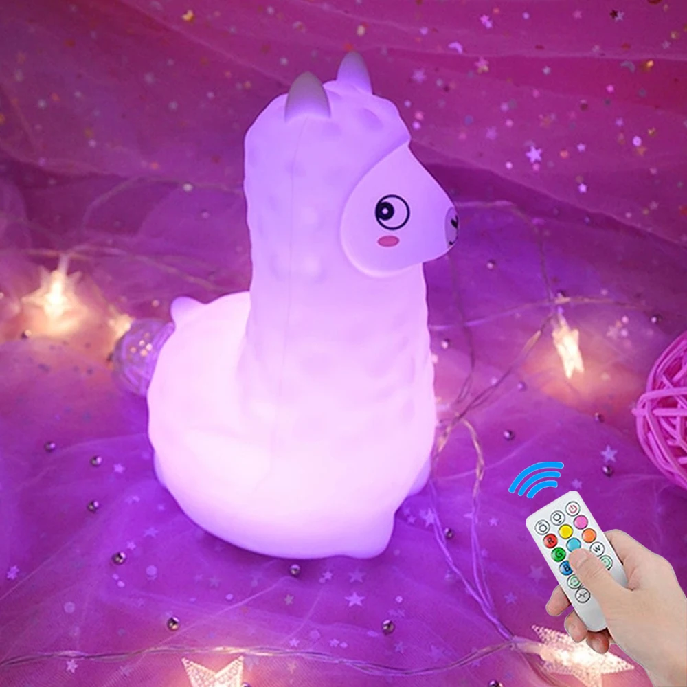Cartoon Alpaca LED Night Light Remote Control Timer Touch Sensor 9 Colors USB Charging Silicone Bedside Lamp for Children Baby (16)
