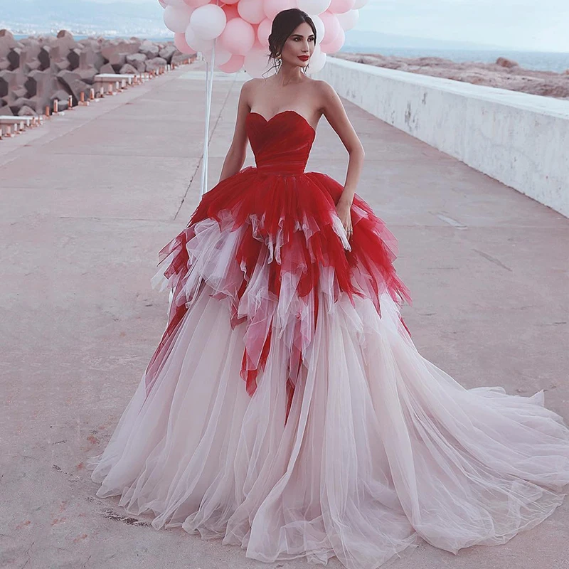 

Sweetheart Contrast Color Ball Gown Wedding Dresses 2019 Pleat Layers Ruched Tulle Bridal Gowns AX149