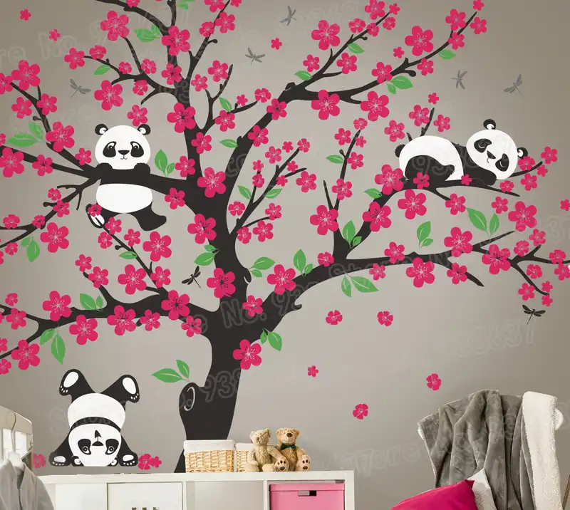 Oso Panda Árbol de flor de cereza calcomanía de pared para guardería