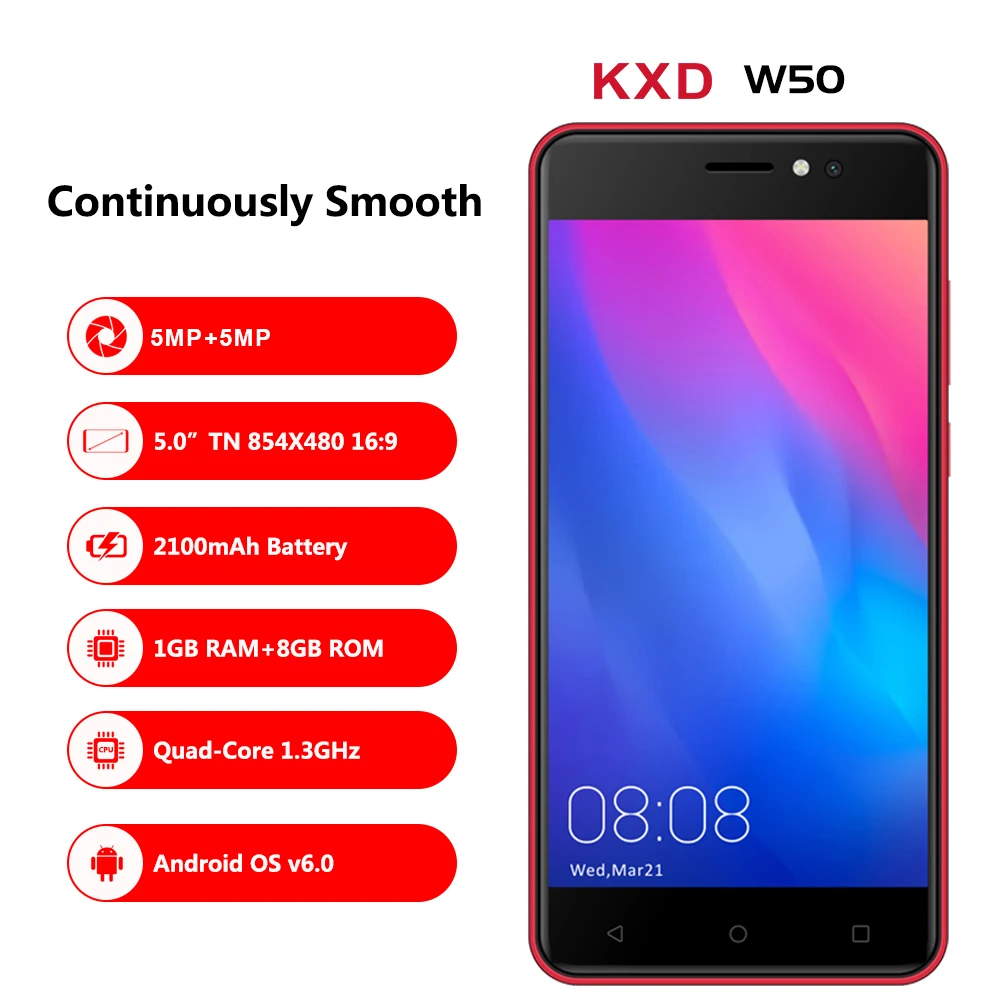 Мобильный телефон KENXINDA KXD W50 3g, Android 6,0, 1 ГБ ОЗУ, 8 Гб ПЗУ, четырехъядерный смартфон, две sim-карты, 5,0 дюймов, 2100 мАч, сотовый телефон