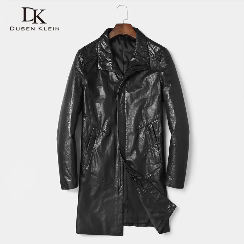 

Men's Genuine Leather Jacket Sheepskin Long Coat Black Outerwear 2018 New Designer Brand Luxury dk8107
