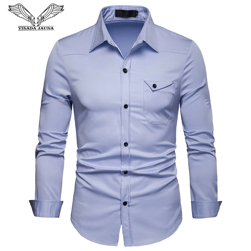 

VISADA JAUNA 2019 Spring Camisa Masculina Fit Slim Long Sleeve Social Male Shirt Plus Size S-XXL Solid Casual Homme Shirt N9053