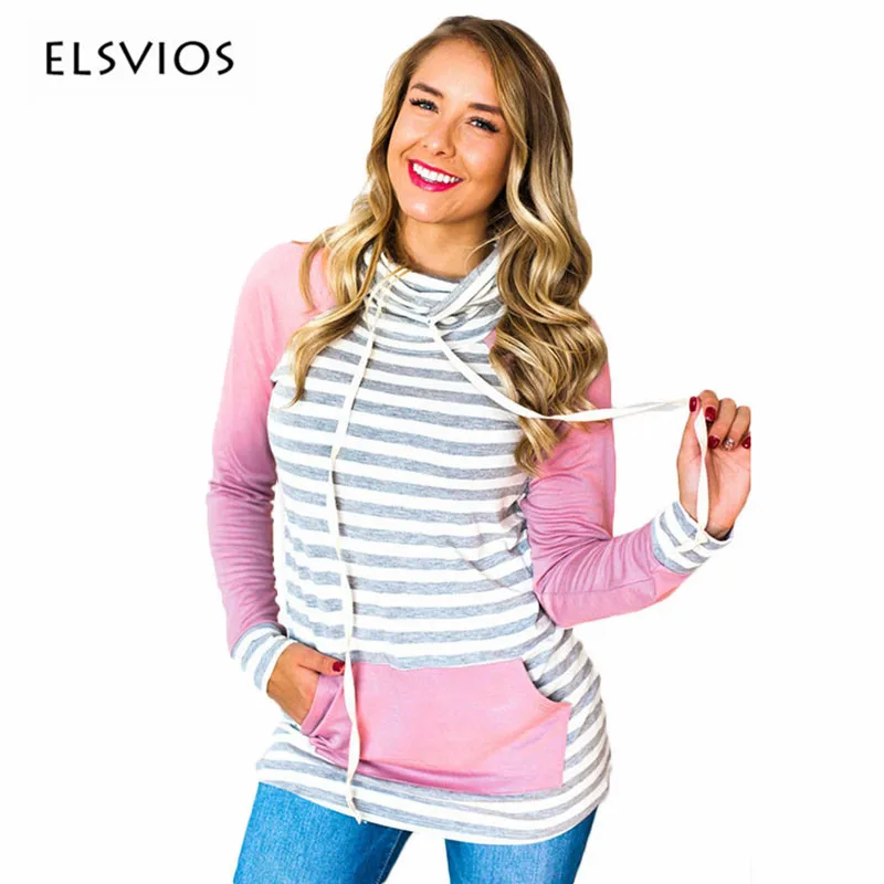 ELSVIOS мода полосатый лоскутное для женщин толстовка осень 2017 г. пуловер с длинными рукавами Топы корректирующие повседневное передние