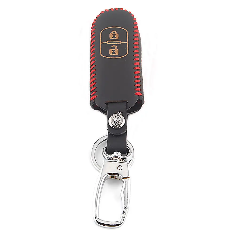 Red Thread Leather Car Remote Key Case Holder With Key Chain Key Ring