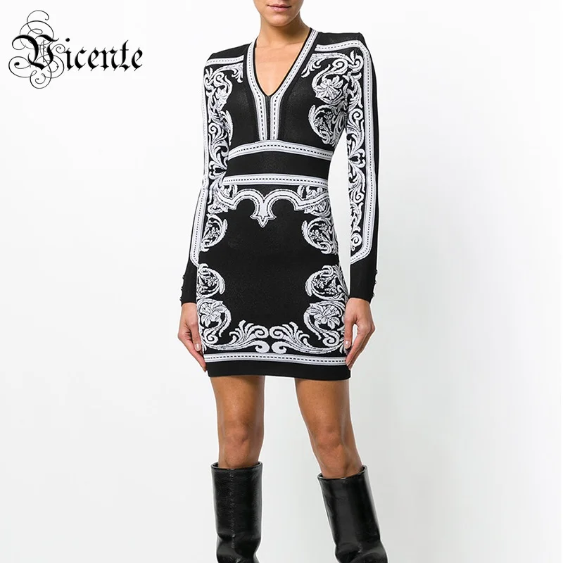 

Vicente HOT 2019 New Chic Elegant Luxury Jacquard Long Sleeves Sexy V-neck Wholesale Celebrity Style Party Mini Bandage Dress