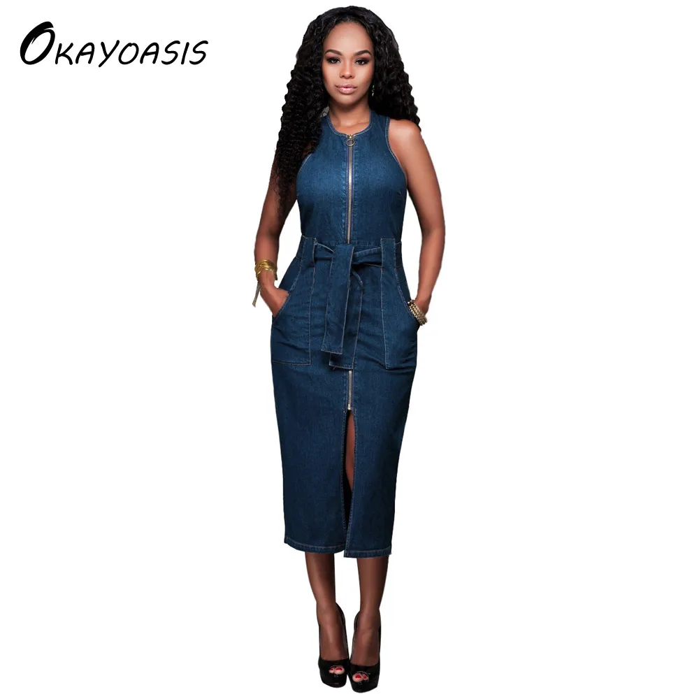 OKAYOASIS Free Shipping Ladies Casual Denim Dress Vintage Jeans Dresses Sleeveless Blue New 2017