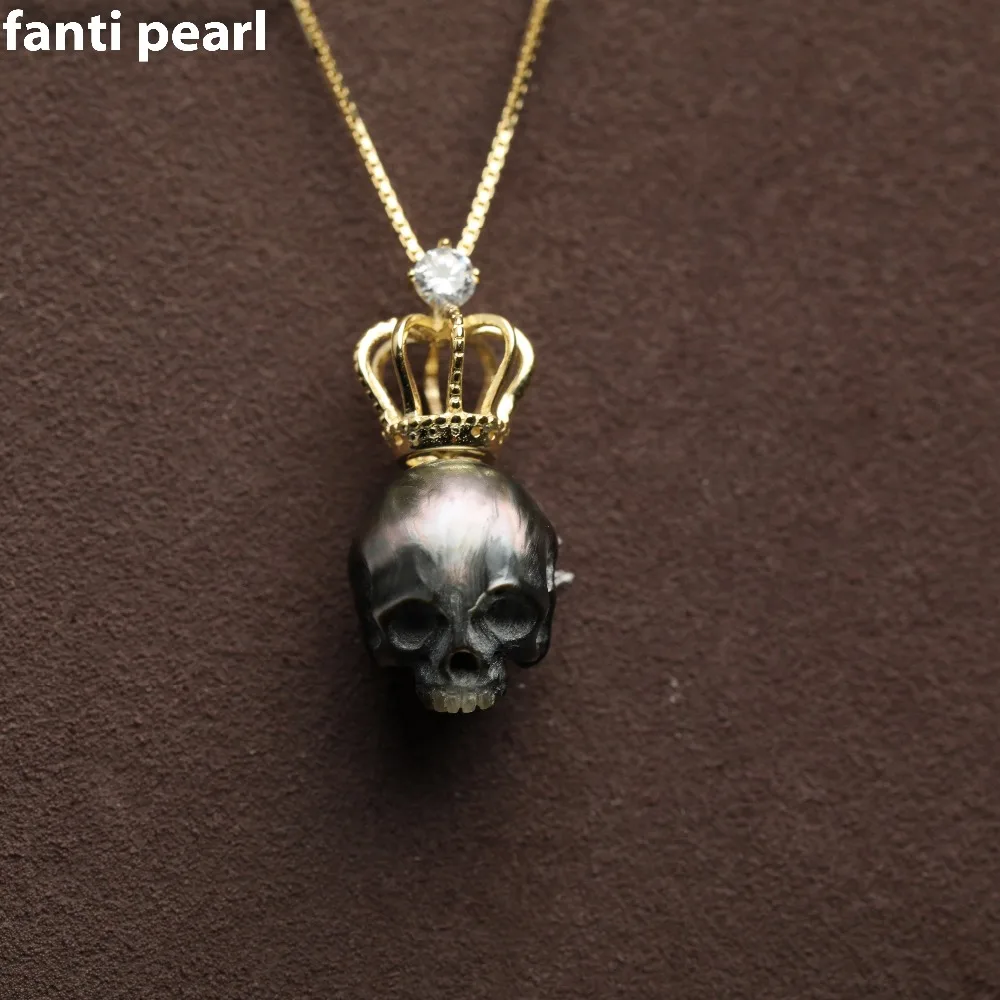 

1 pcs skull carved pearl necklace tahiti pearl necklace 11-13mm handmade