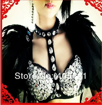 

5set/lot Super Shiny Rihanna Same Paragraph Acrylic drilling Bra+Halter Neck +Rivet Bracelet Three-piece Hip-Hop Jazz Club Wear