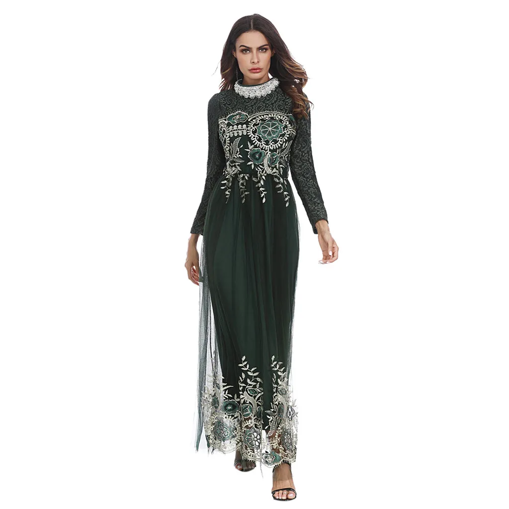 

Muslim Women Dress Modest Dress Women Muslim Arab Islamic Middle East Solid Print Lace Long Sleeve Abaya Dress vestido arabe