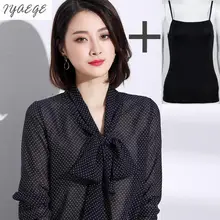 New 2017 Autumn Polka Dot Chiffon Perspectiv Blouse Shirts Office Lady Work Women Tops 2017 Loose Blue Femininas Camisas Mujer