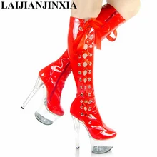 LAIJIANJINXIA/пикантные красные сапоги со шнуровкой и кристаллами для невесты; обувь на высоком каблуке 15 см; обувь для танцев со стальными трубками; пикантные Клубные сапоги на высоком каблуке 6 дюймов