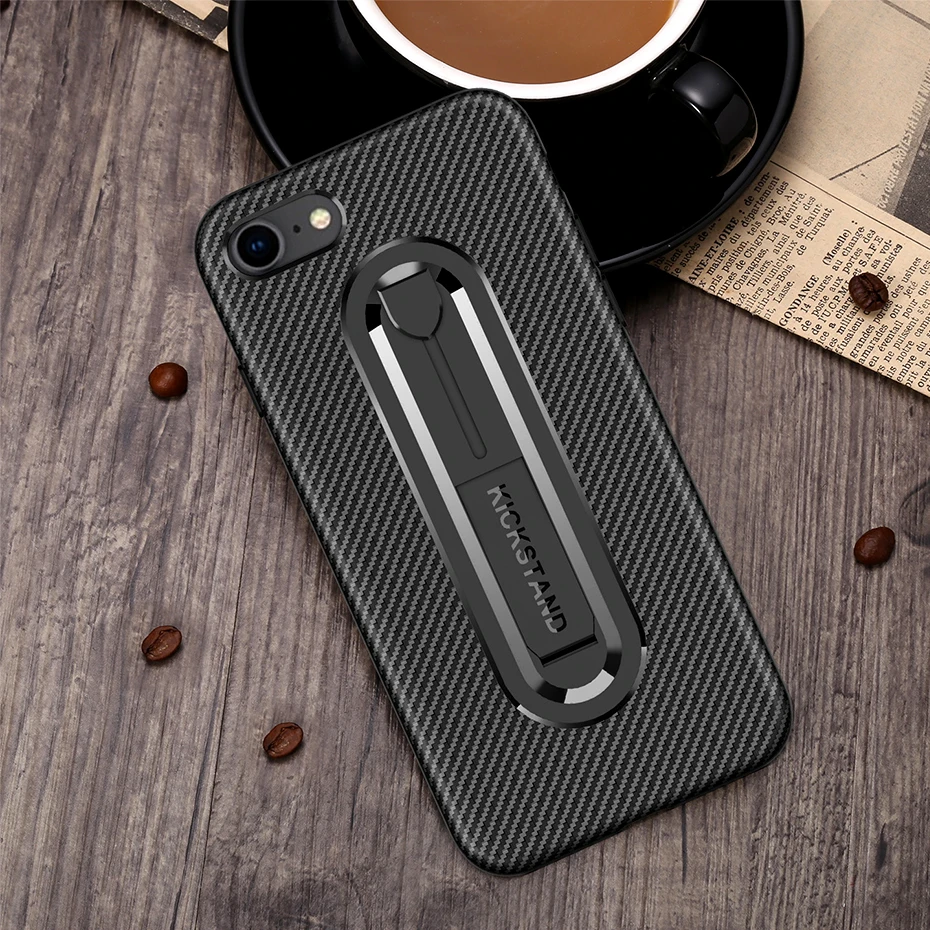 

FastDeng Carbon Fiber Case With Bracket Holder For iPhone 5 6 6s 7 8 Soft TPU shocklproof back For iPhone 6sp 6p 7p 8p X XS XR