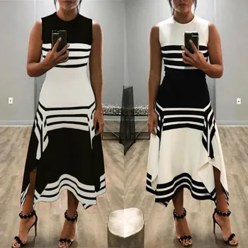 

2019 New Casual Dresses Women Striping Printing Sleeveless Casual Sexy Slim Dress Women Round Neck Midi Party Dresses W0521