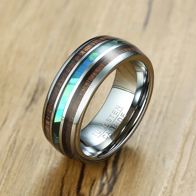 

Free Custom Engraving 8mm Silver Tungsten Wedding Band with Domed Edges Wood and Shell Inlay Wedding Rings