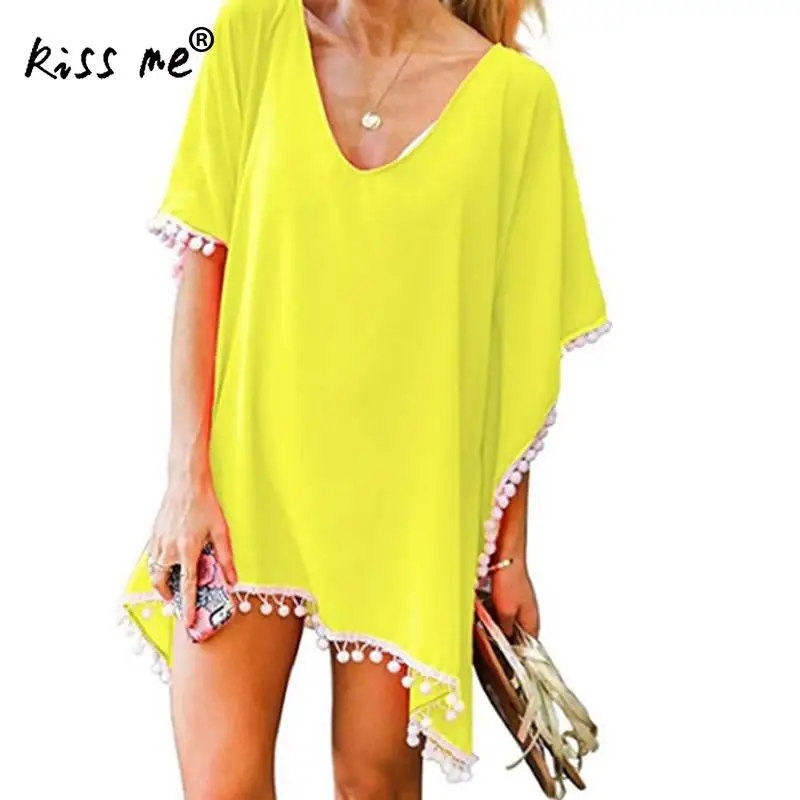 Wholesale Loose Female Chiffon Top Tassel Solid Color Beach Cover Up
