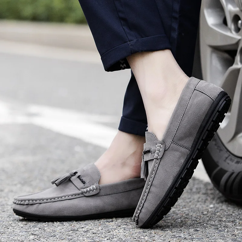 Men Leather Shoes Suede Loafers Shoes Breathable Soft Round Head Flat Slip-On Outdoor Moccasins Peas Casual Shoes Driving Shoes (37)