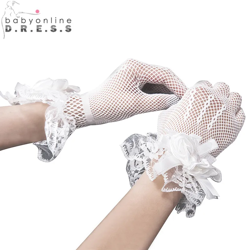2019 Appliques Ivory Girls Short Gloves Elastic Tulle Children Gloves