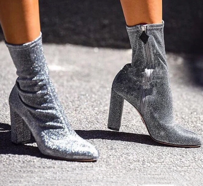 Bling-Silver-Stretch-Fabric-Women-Sock-Boots-Pointed-Toe-Mid-Calf-Women ...