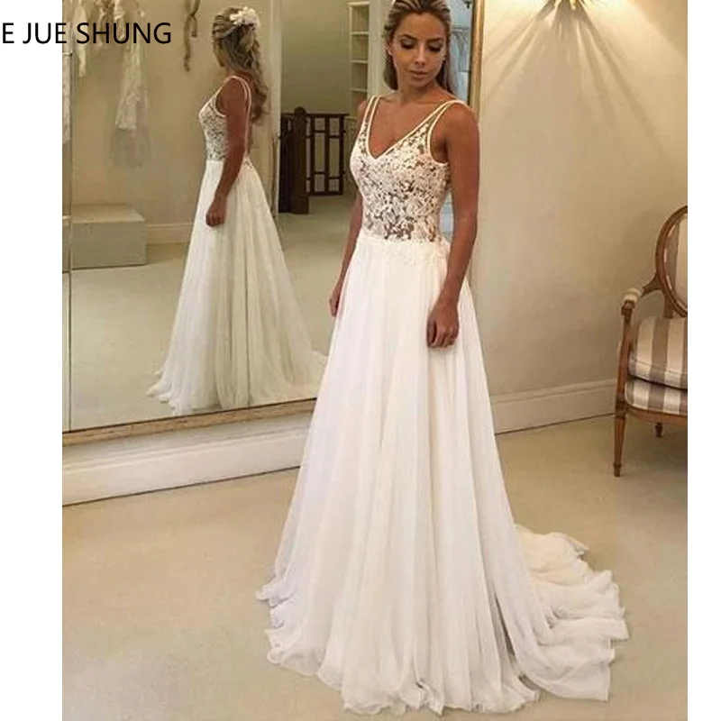 

E JUE SHUNG White Chiffon Lace Backless Beach Wedding Dresses 2019 Sheer V-neck Boho Wedding Gowns Bride Dresses robe de mariee