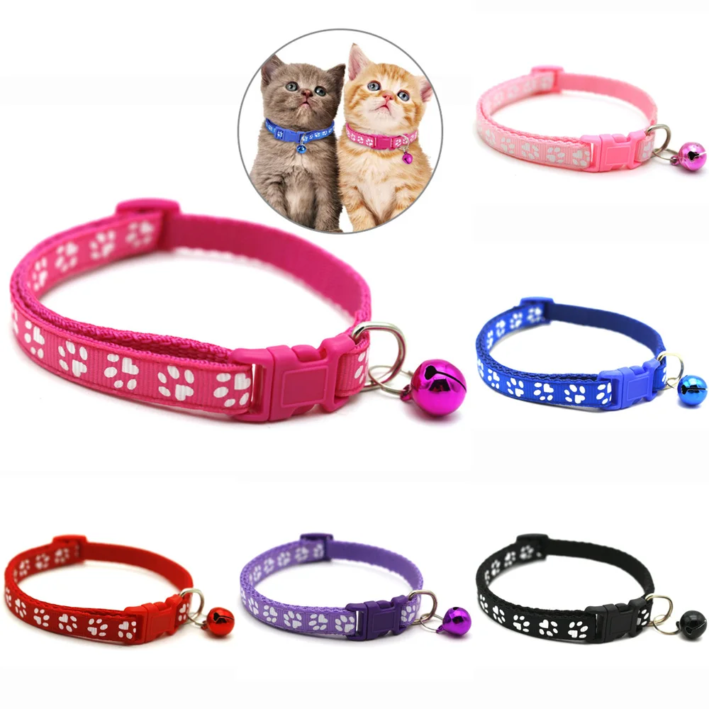 

Kitten Collar With Bell Cat Collars Break Away Buckle For Pets Paw Print Adjustable