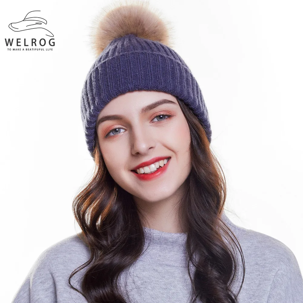 

WELROG Fox Fur Ball Cap Pom Poms Winter Hat for Women Girls Hat Knitted Beanies Cap Brand New Thick Female Cap Dropshipping