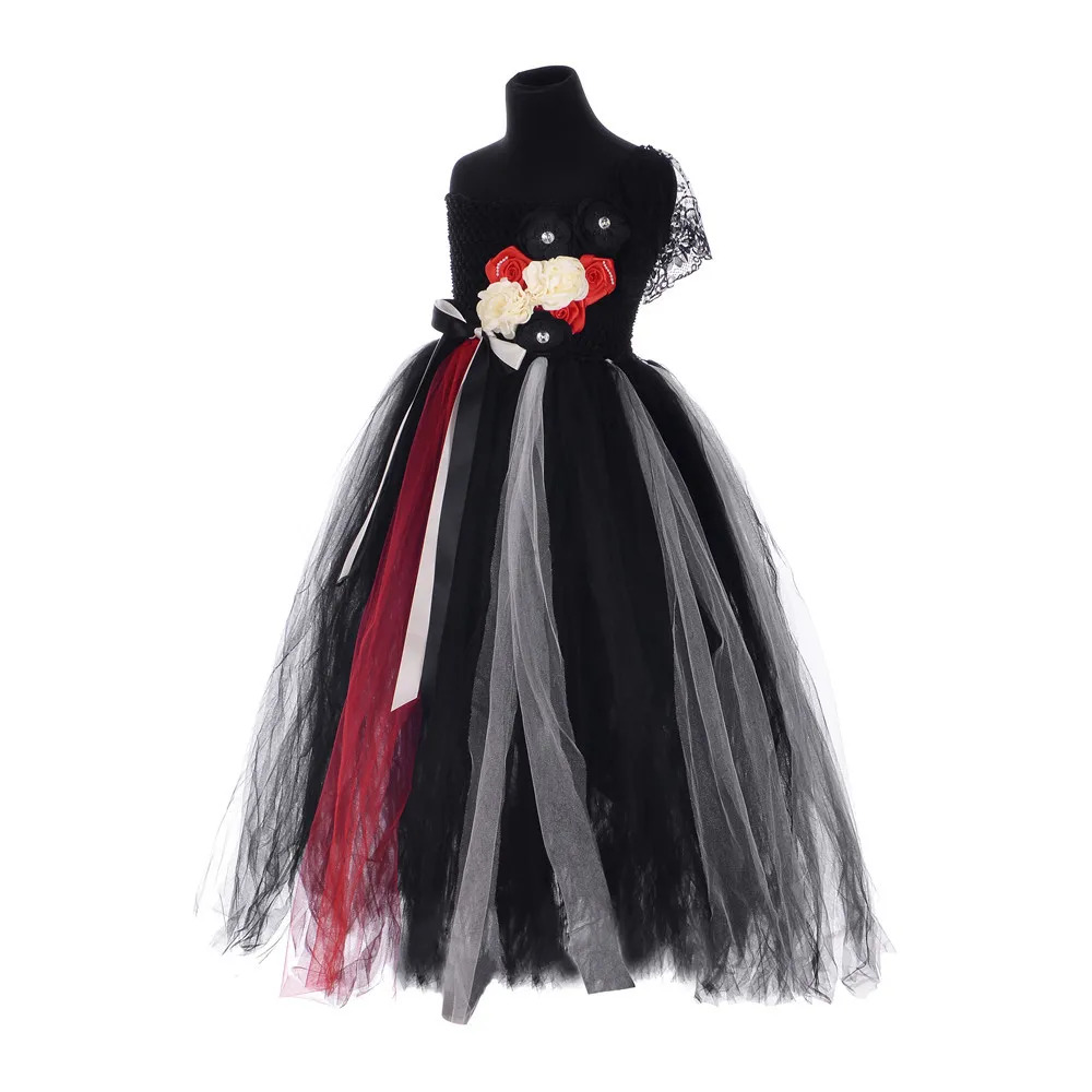 

New Beautiful Black Dresses Flower Girl Tutu Dress Kids Girls Ankle Length Ribbon Lace Flowers Birthday Wedding Party Dresses