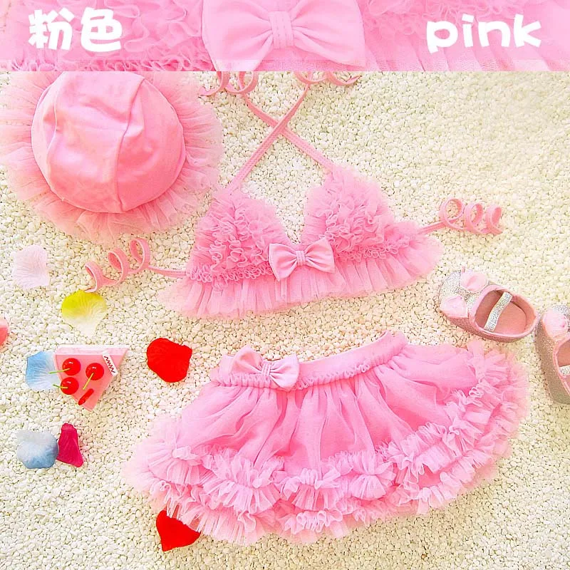 Baby Kids Girls Bikini Princess Three Piece Swimming Suit Split Top + Skirt + Hat Swimwear Summer Beach Children Swimsuit SA4001