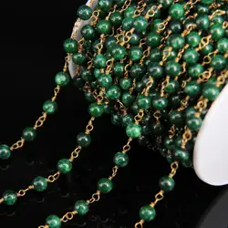 5 метров темно-зеленый Малайзии jade 6 мм круглый шарик цепочки, латунь Провода завернутый Натуральный Камень Четки Сеть DIY Цепочки и ожерелья