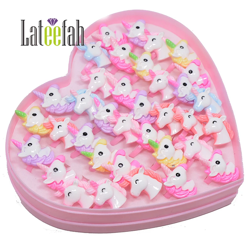 

20PCS/Lot Kids Rings Lovely Animal Unicorn Horse Open Love shape jewelry box Ring For Children Girls Adjustable Acrylic Jewelry