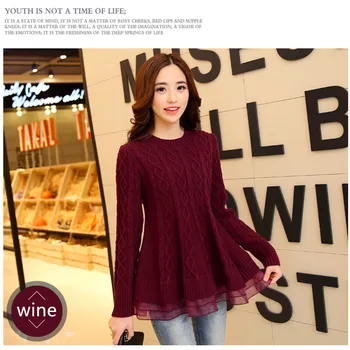 

Autumn Winter Elegant Women Sweater Knitted Slim Fit Pullover Organza Patchwork Dress O-neck Long Sleeve Elastic top free size