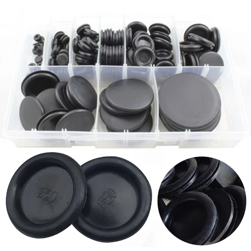 130pcs Cable Blanking Grommets Black Rubber Closed Grommet Assorted Box