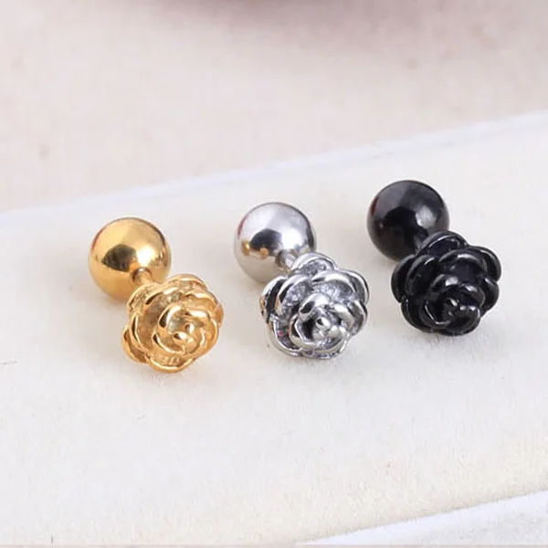 

2pc Rose flower Silver Black Gold titanium steel Men Women pierced stud earrings