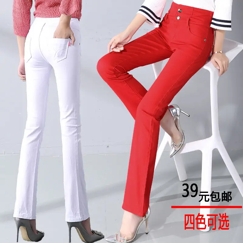 

Spring Autumn New Women's Double Buckle High Waist Flare Pants Slim Full Length Wide Leg Pants Flare Jeans Red White Jeans