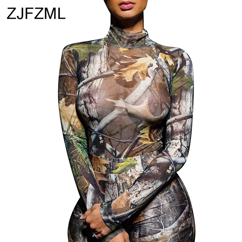 Colorful Print Sexy Jumpsuit For Women Long Sleeve High Necked Skinny Full Length Romper Casual Ladies Back Zipper Party Overall