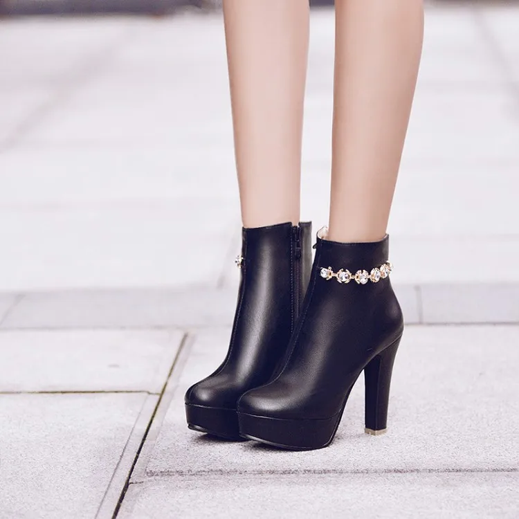 

Big Size 11 12 13 14 Ma'am Coarse heel Short boots Pure color Water drill boot barre High heel boots