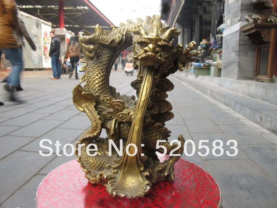 

11"Chinese Pure Brass exquisite Carved Fly Dragon God spit water Art Statue