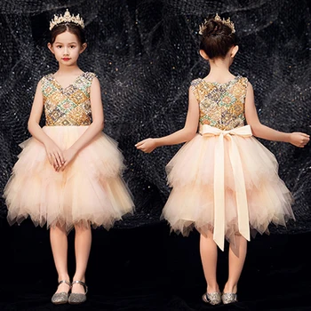 

Kids Toddler Luxury V-Collar Sequined Birthday Wedding Evening Party Princess Mesh Prom Dress Girls Host Costumes Short Dress