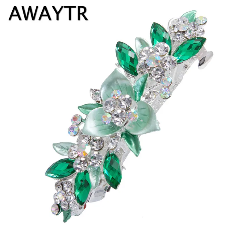 AWAYTR, 1 шт., трендовая заколка, Хрустальный цветок, шпилька, тиара, стразы, заколка для волос для женщин, Свадебные/вечерние аксессуары для волос, подарок - Окраска металла: green