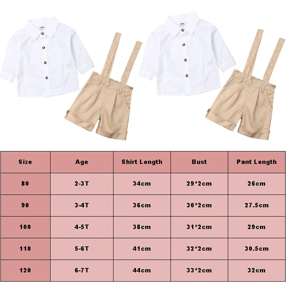 Официальная детская праздничная одежда для маленьких мальчиков Комплекты джентльменов белые рубашки с длинными рукавами и пуговицами+ штаны на бретелях однотонные хлопковые комплекты из 2 предметов для мальчиков 2-7Y