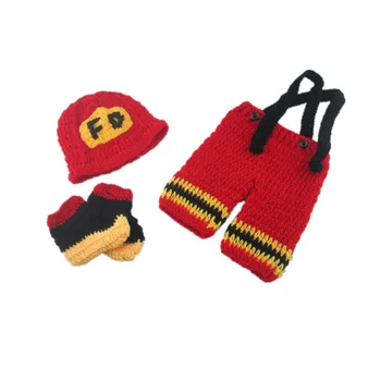 

Red fireman manual crochet boy's clothes 0-6 months baby sweater three-piece high-quality photography clothing