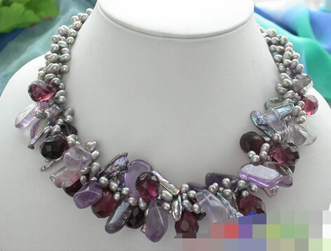 

huij 004414 3ROW GRAY RICE FRESHWATER PEARL massive amethyst drip NECKLACE