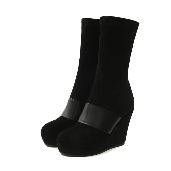 Meotina/сапоги из натуральной кожи; зимняя обувь; женские сапоги до середины икры; замшевые сапоги на платформе; обувь на высоком каблуке; сезон осень - Цвет: Черный