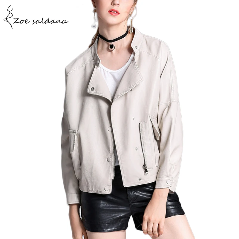 Zoe Saldana 2019 Autumn Fashion Faux Leather Jacket Women