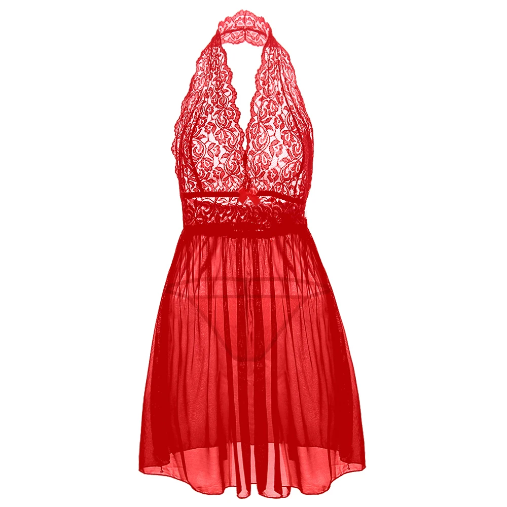 Black/Red New High Quality Female Graceful Floral Sexy Lingerie Lace Slips Cut Out Backless Deep V-neck Translucent Pajamas