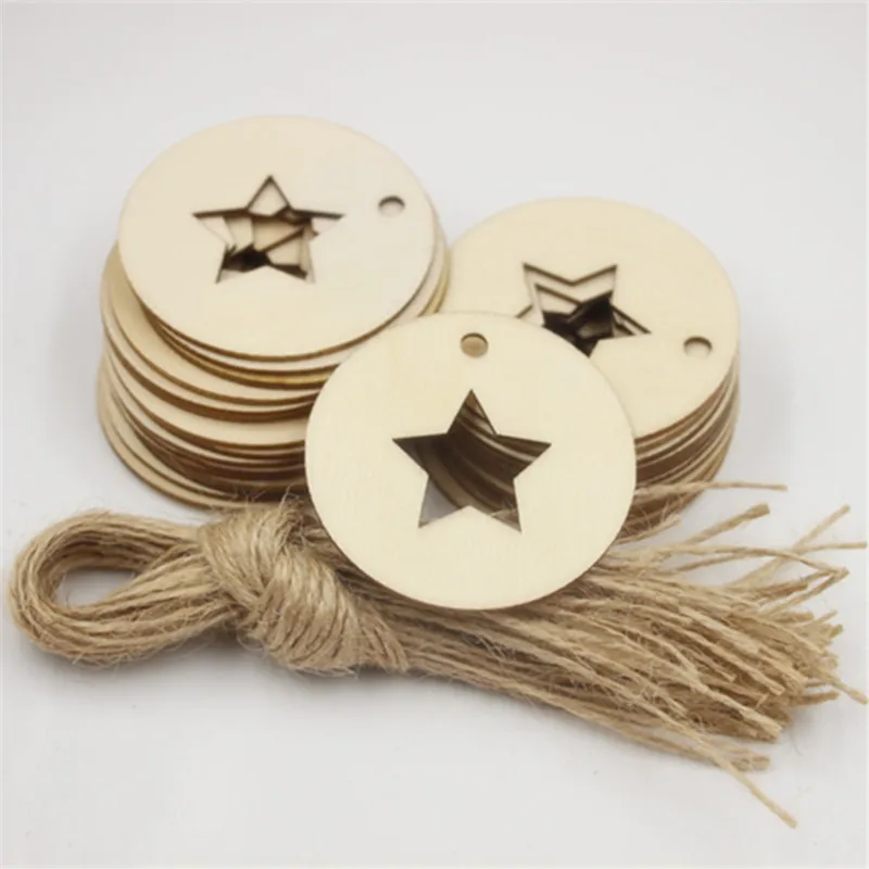 Wooden Circle with Star Shapes Gift Tags with Twine Laser Cut