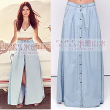 Лето Плюс Размер European Европейская и американская мода повседневные хлопковые джинсовые длинные юбки женские/джинсы макси юбка на пуговицах